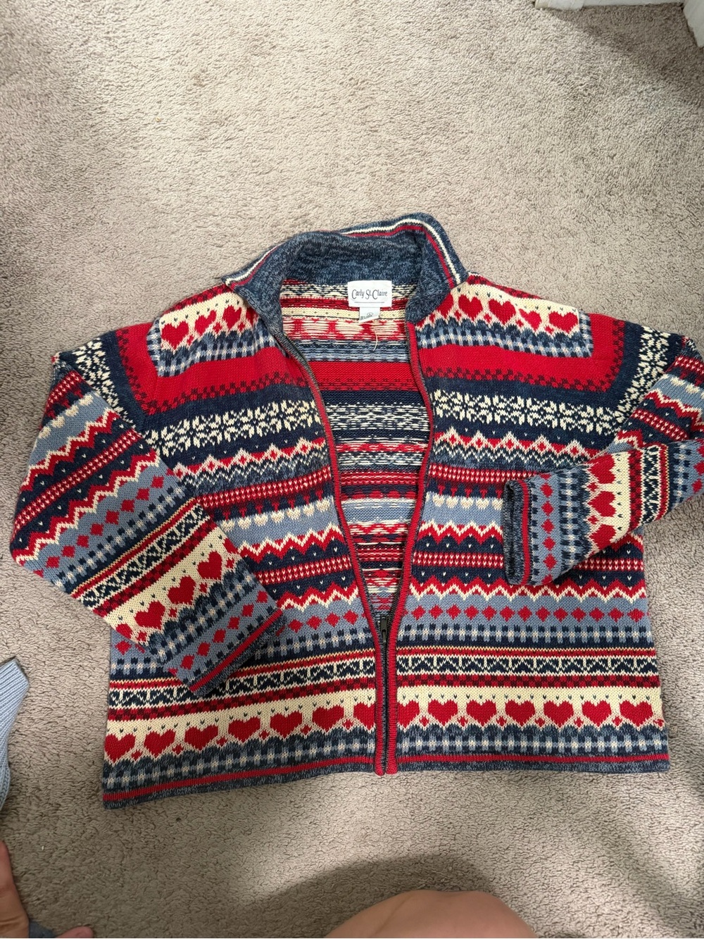 Cozy Fair Isle Zip-Up Cardigan Sweater - Red, Navy, Cream
